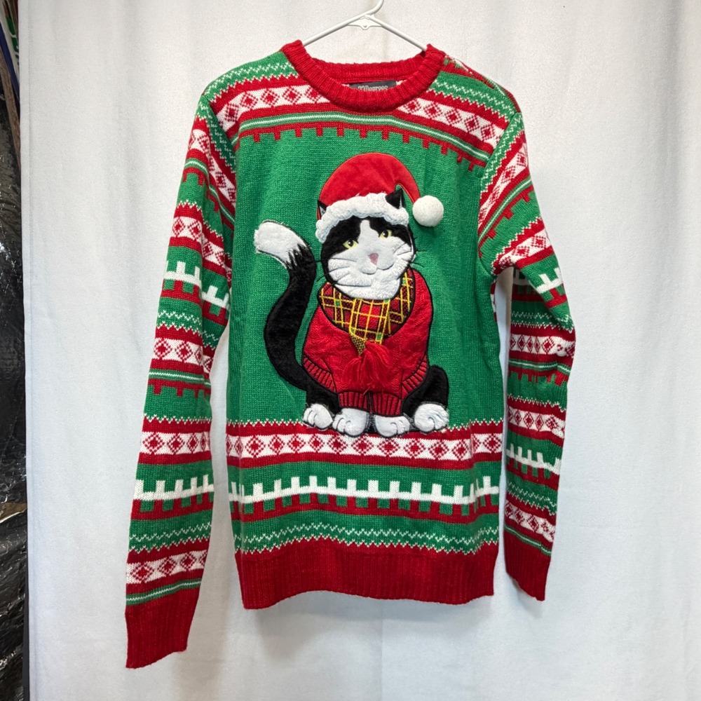 33 Degrees Ugly Christmas Sweater Womens Medium Green Cat Santa Hat Fair Isle